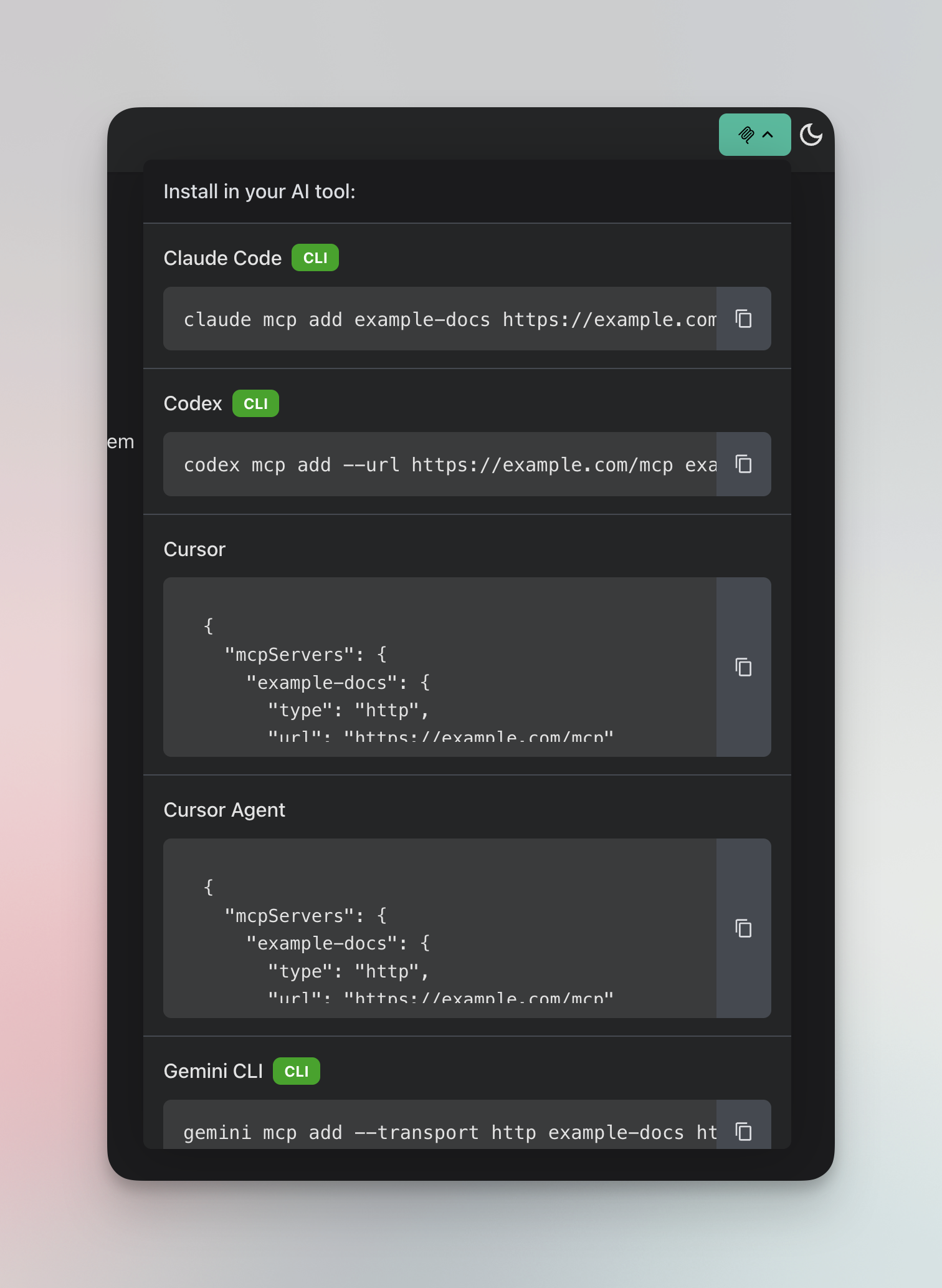 MCP install button, dark mode